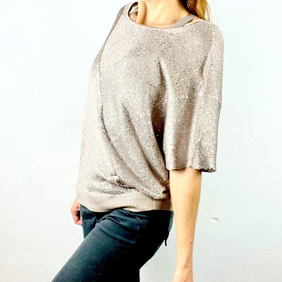 ALFANI | Champagne Sparkly Sequined Loose Dolman Batwing Shrug Sweater - Picture 3 of 10